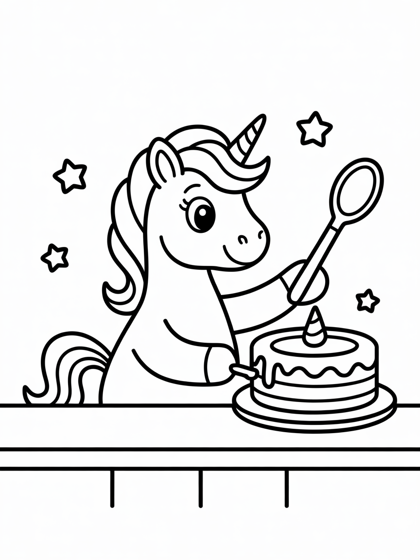 Unicorn baking a rainbow cake - Free Coloring Page