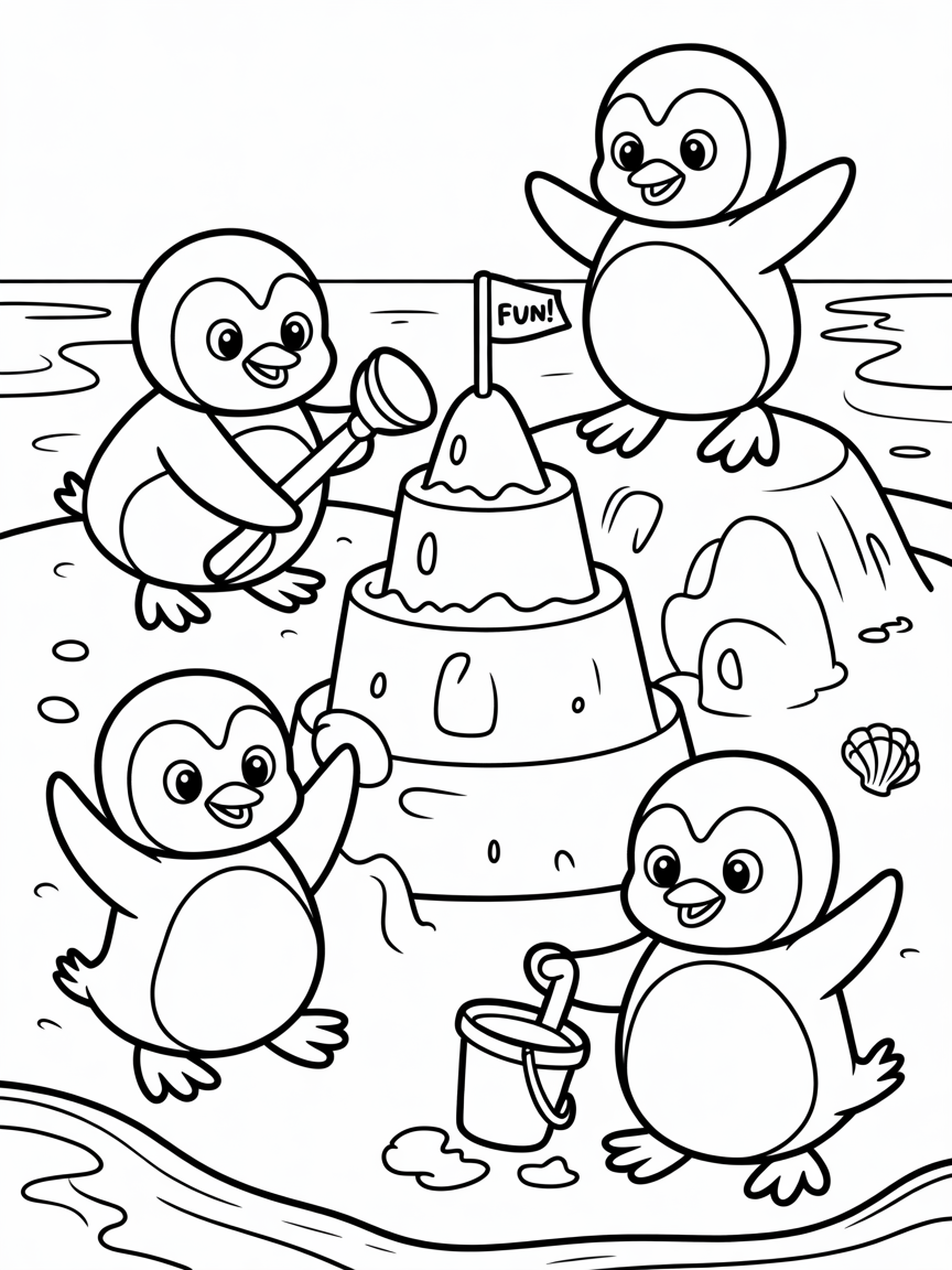 Three penguins building a sandcastle - Free Coloring Page