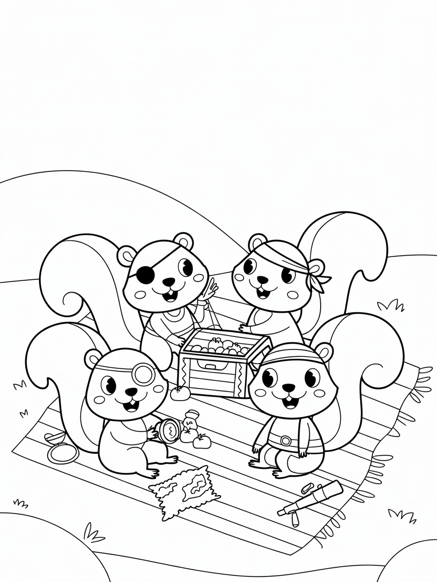 Squirrels having a pirate picnic - Free Coloring Page