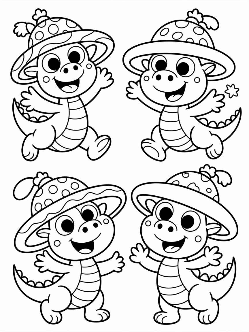 Dragons with hats on - Free Coloring Page