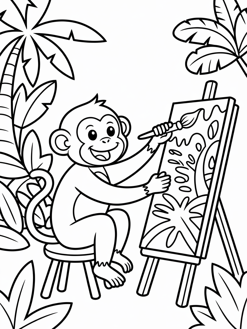 Monkey painting a jungle masterpiece - Free Coloring Page