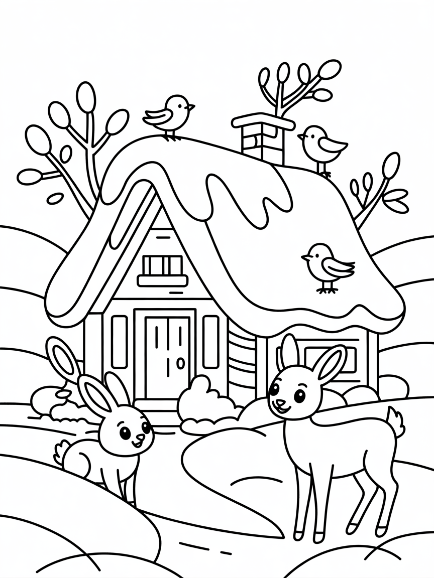 Winter cottage with rabbits and deer and birds - Free Coloring Page