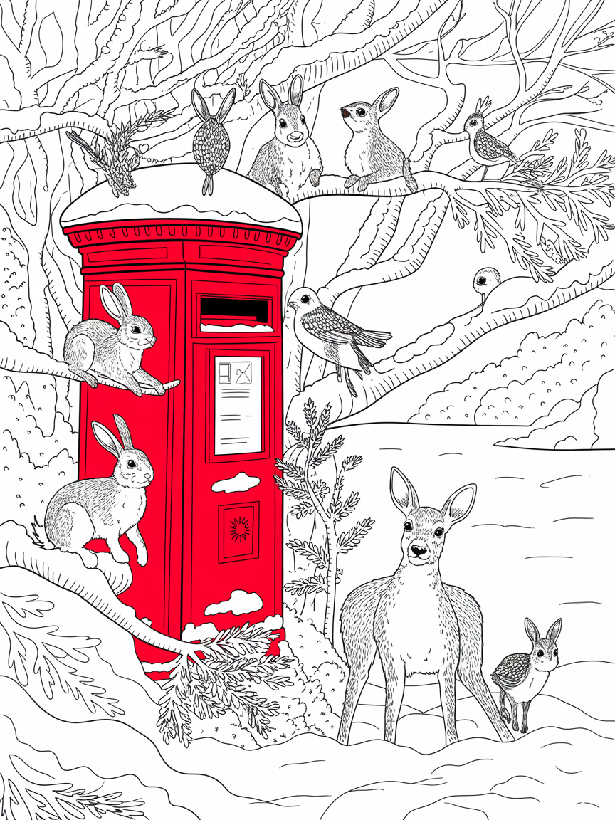 postbox in the snow with rabbits and deer and birds - Free Coloring Page