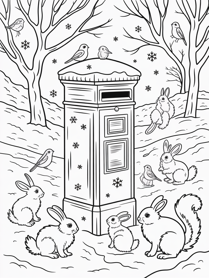 postbox in the snow with rabbits, squirrel and birds - Free Coloring Page