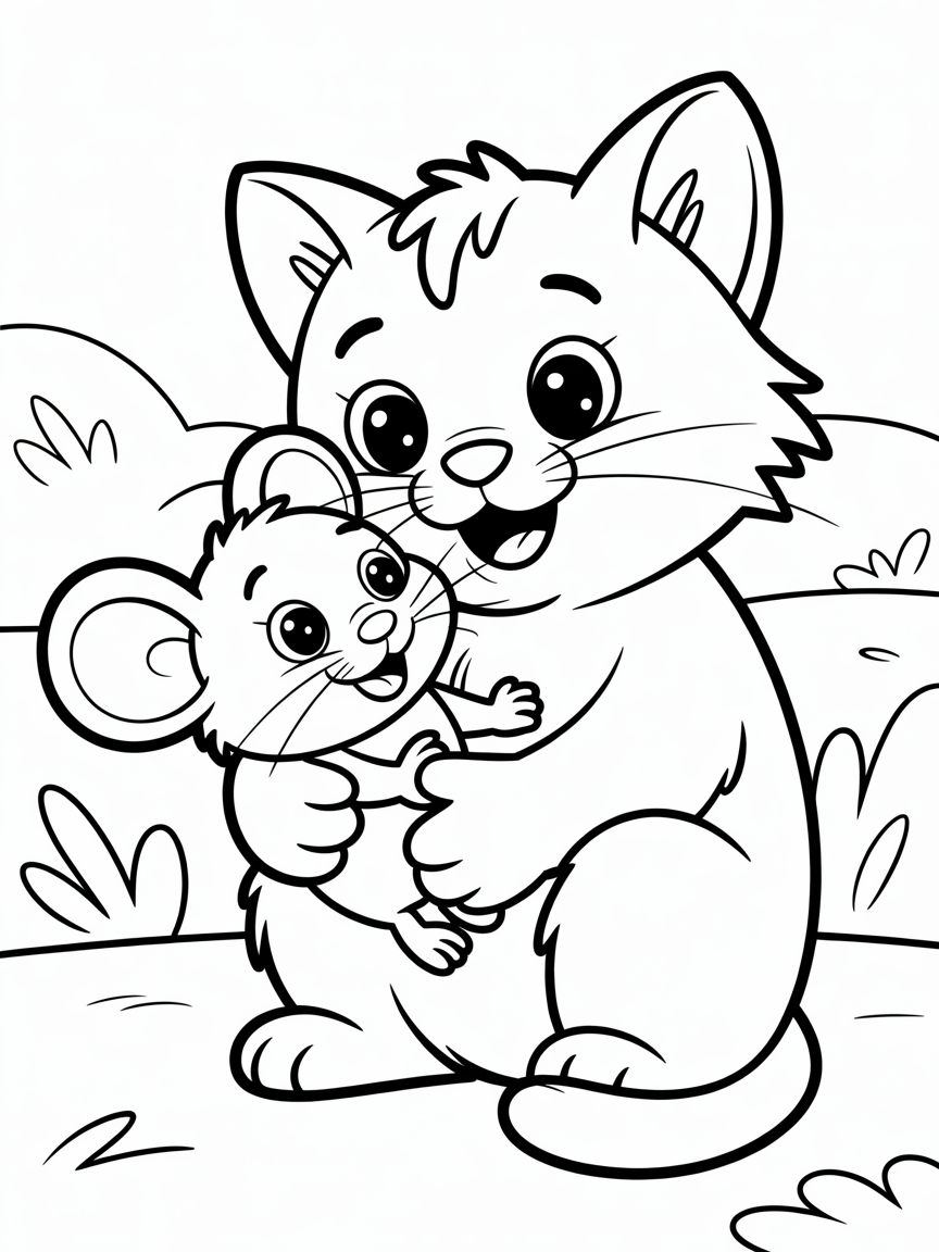 Cat holding a mouse friend - Free Coloring Page