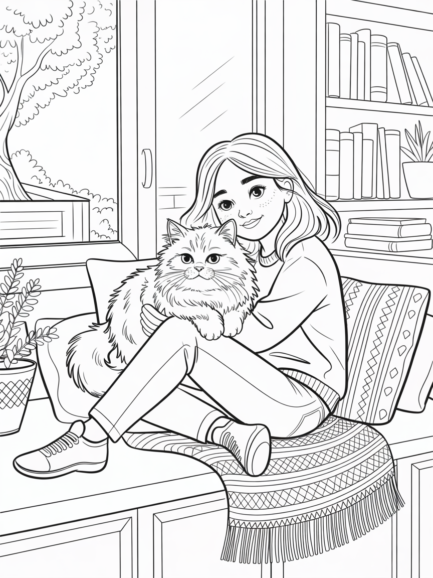 Girl cuddling cat - Free Coloring Page