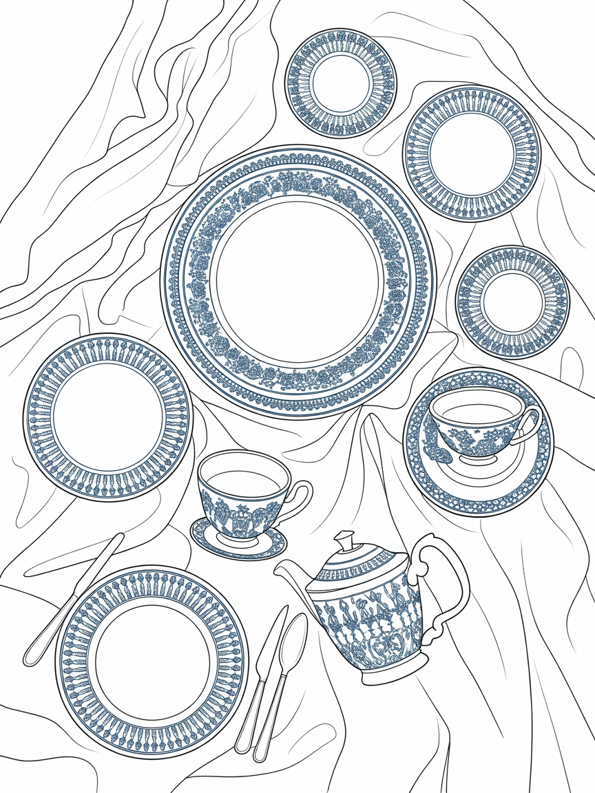 Blue china dinner set - Free Coloring Page