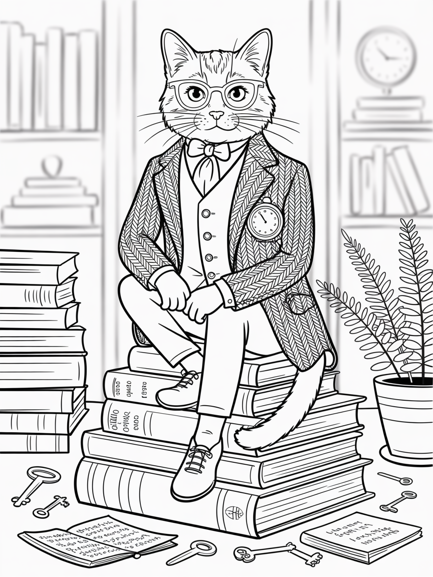 Whimsical cat in clothing - Free Coloring Page