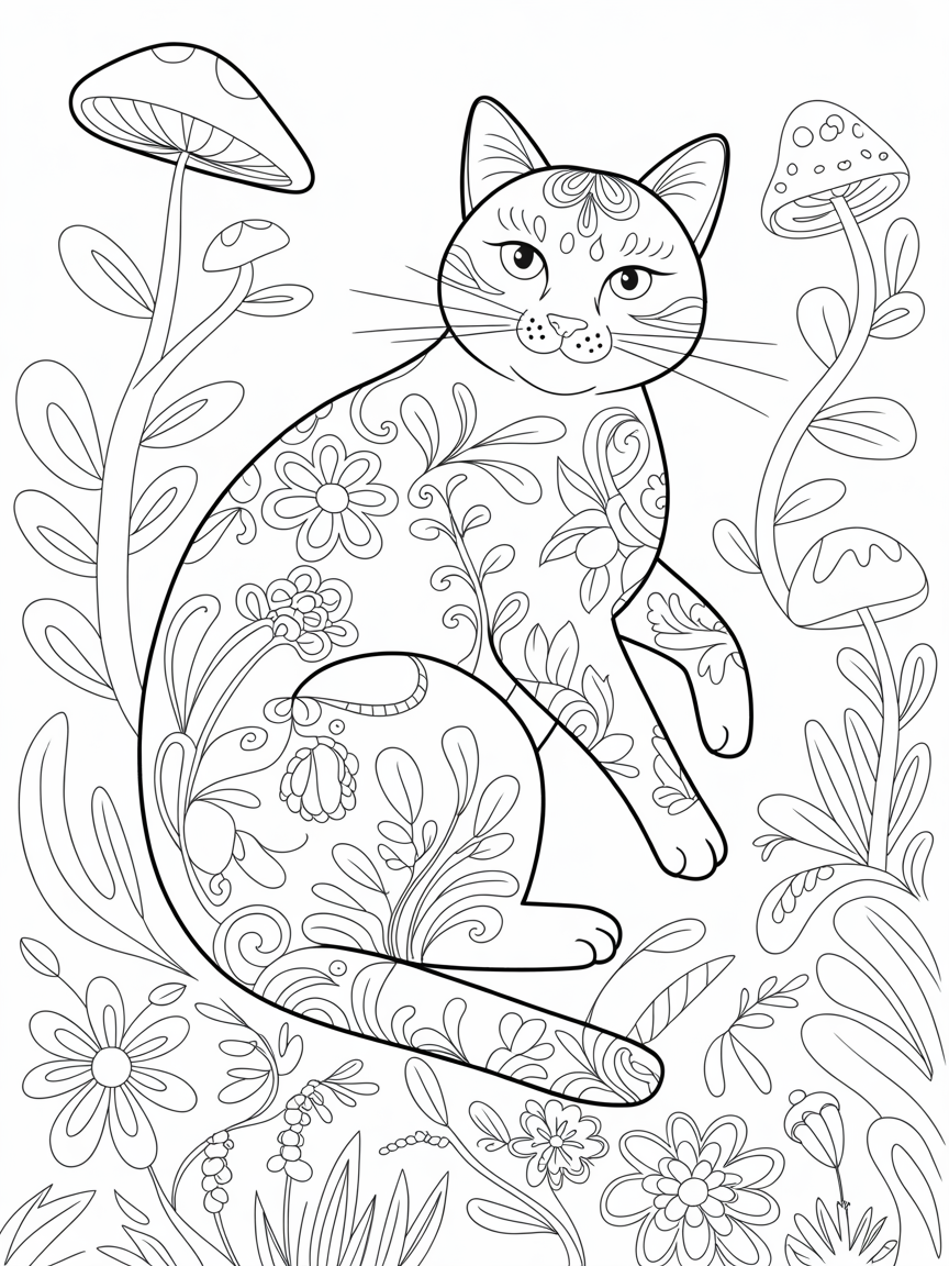 Whimsical cat - Free Coloring Page