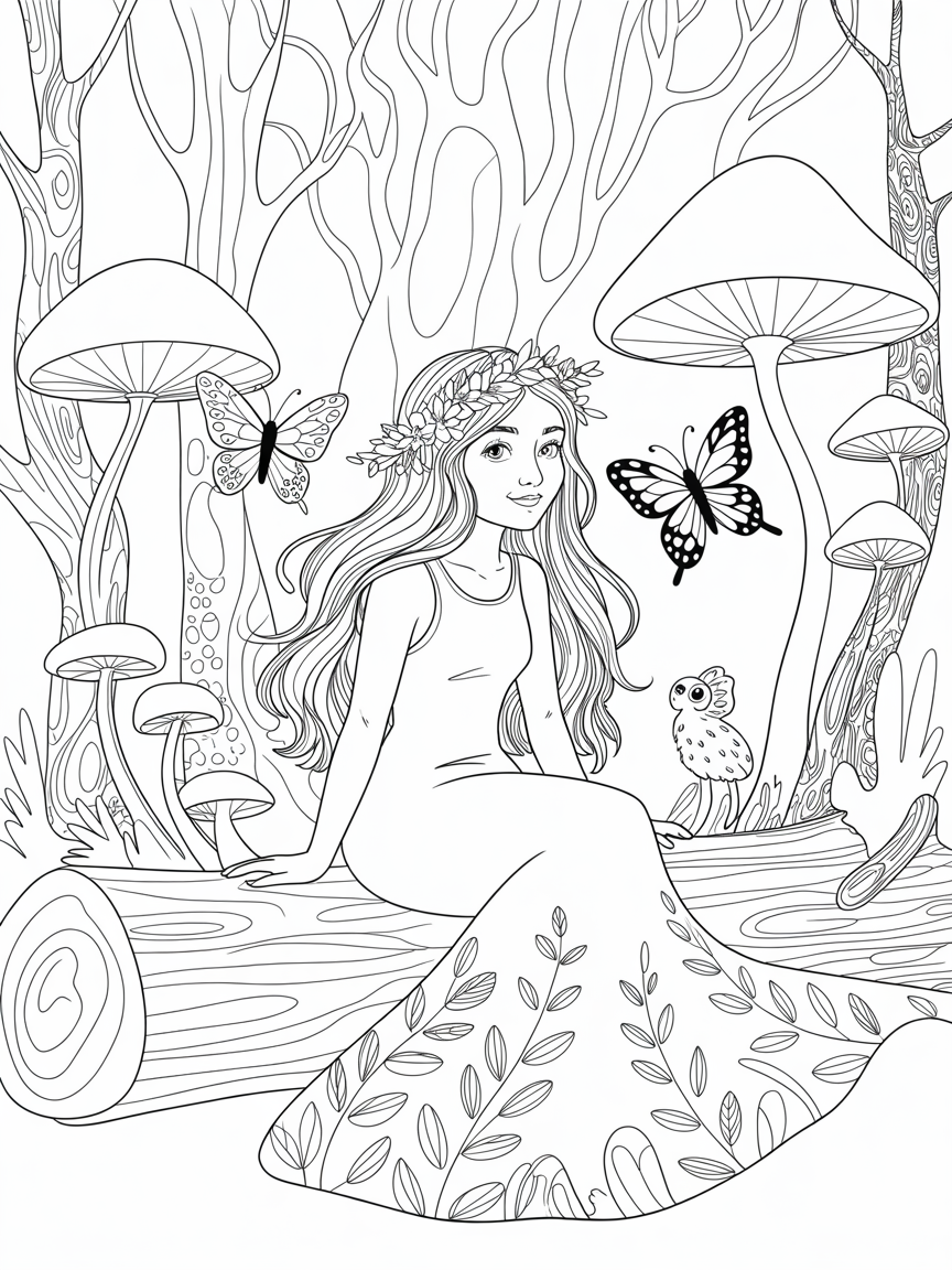 Whimsical girl in the woods - Free Coloring Page