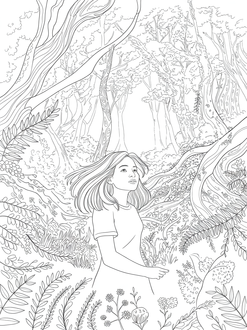 girl in the woods - Free Coloring Page