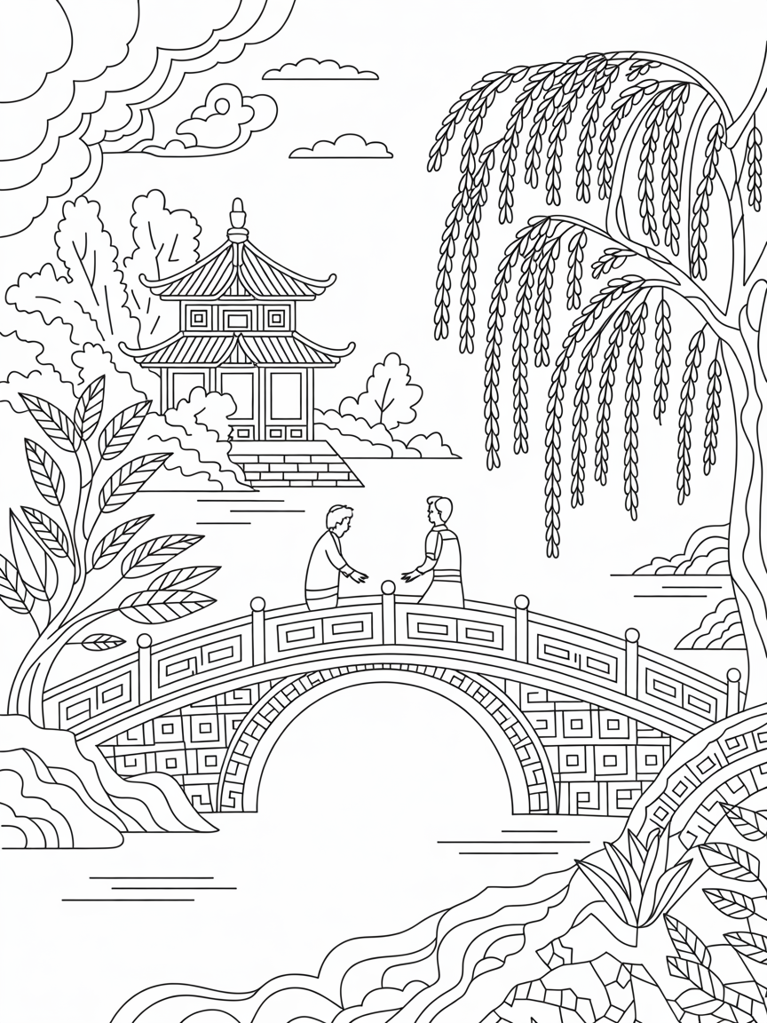 Blue willow pattern china - Free Coloring Page