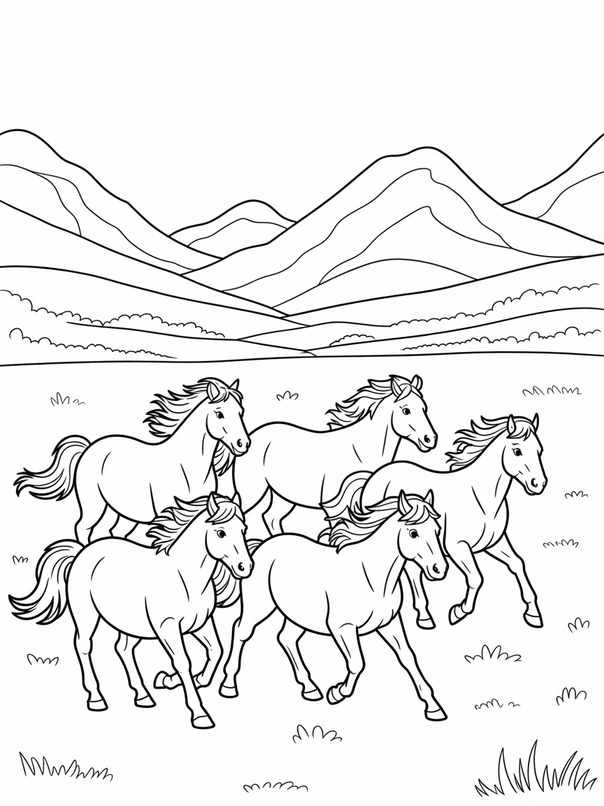 Wild horses running together in the field with mountains in the background with horses Anne blowing in the breeze. Horses are white and very realistic. - Free Coloring Page