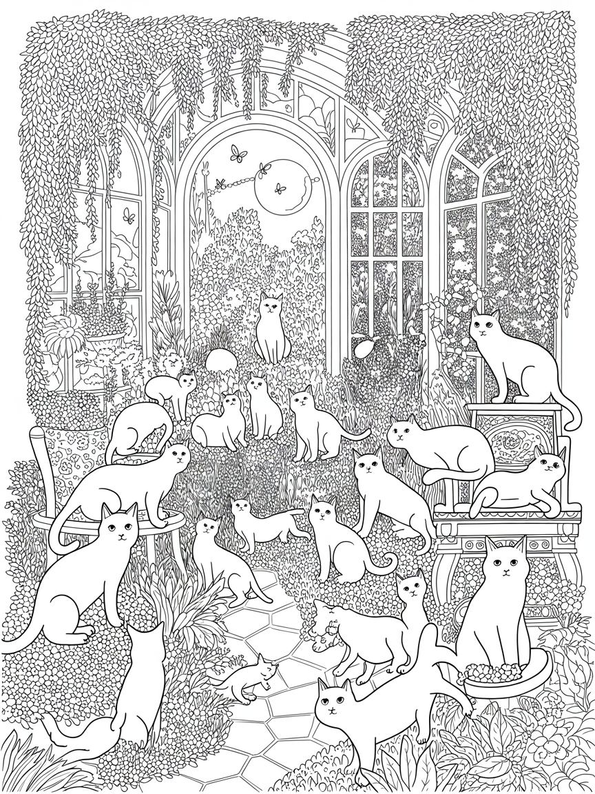 A lot o cats in a very beautiful place - Free Coloring Page
