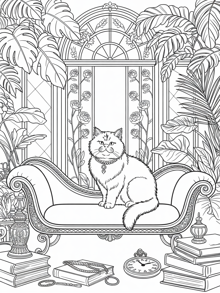 A cat in a very beautiful place - Free Coloring Page