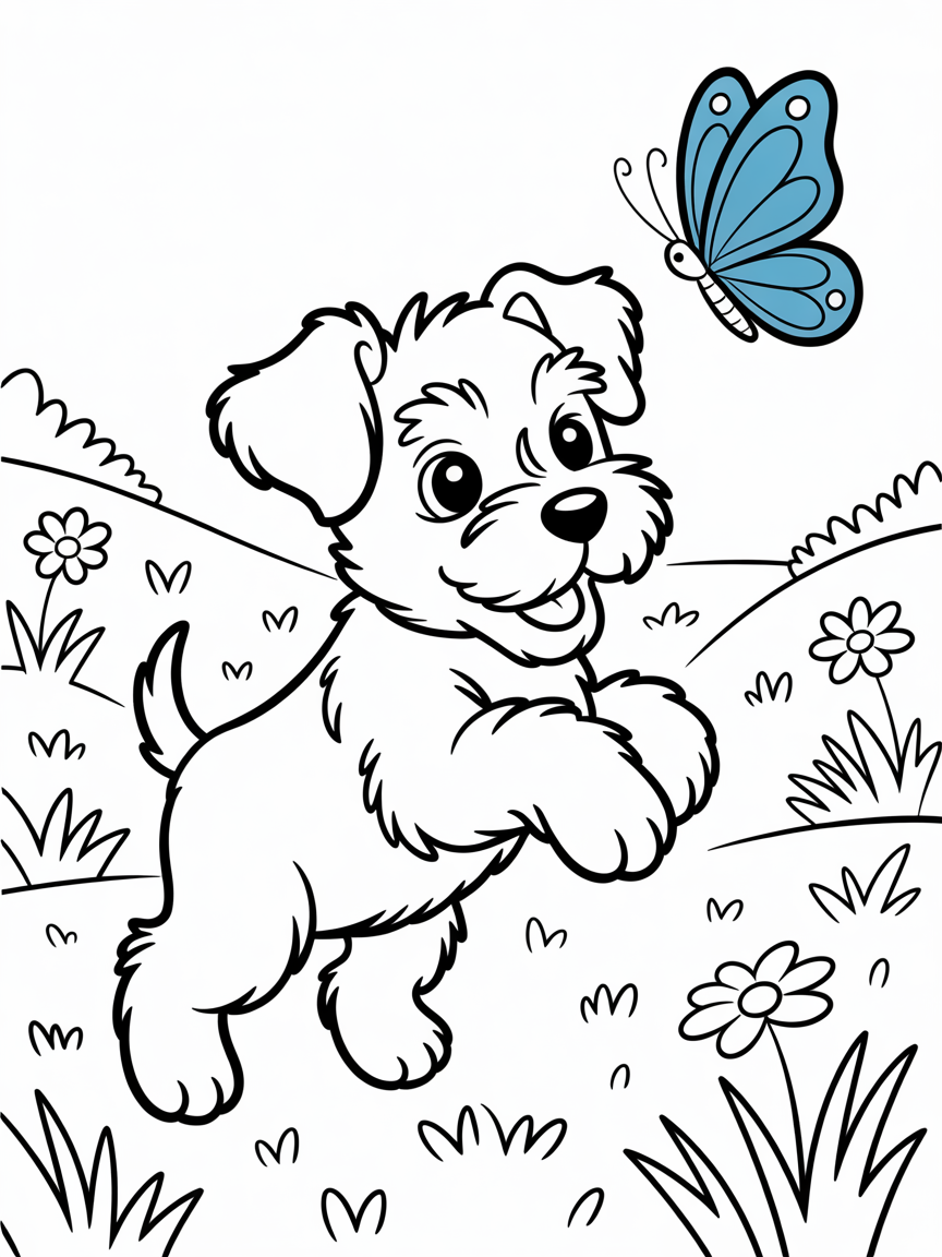 A black and white miniature Schnauzer puppy bouncing through a grassy meadow chasing a small blue butterfly - Free Coloring Page
