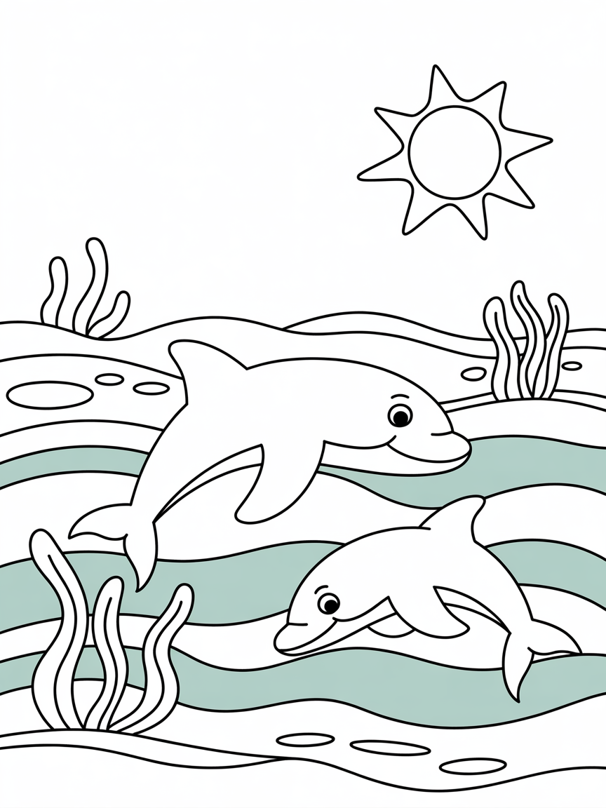 a marine landscape with green bluish waters and dolphins - Free Coloring Page