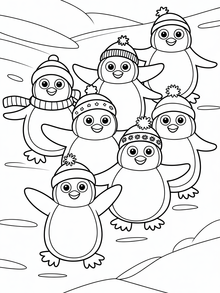 Parade of penguins in winter hats - Free Coloring Page