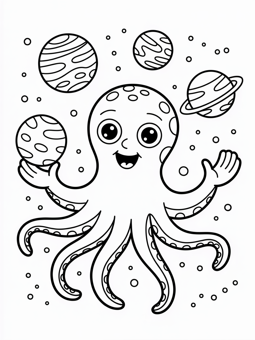 Space octopus juggling planets - Free Coloring Page