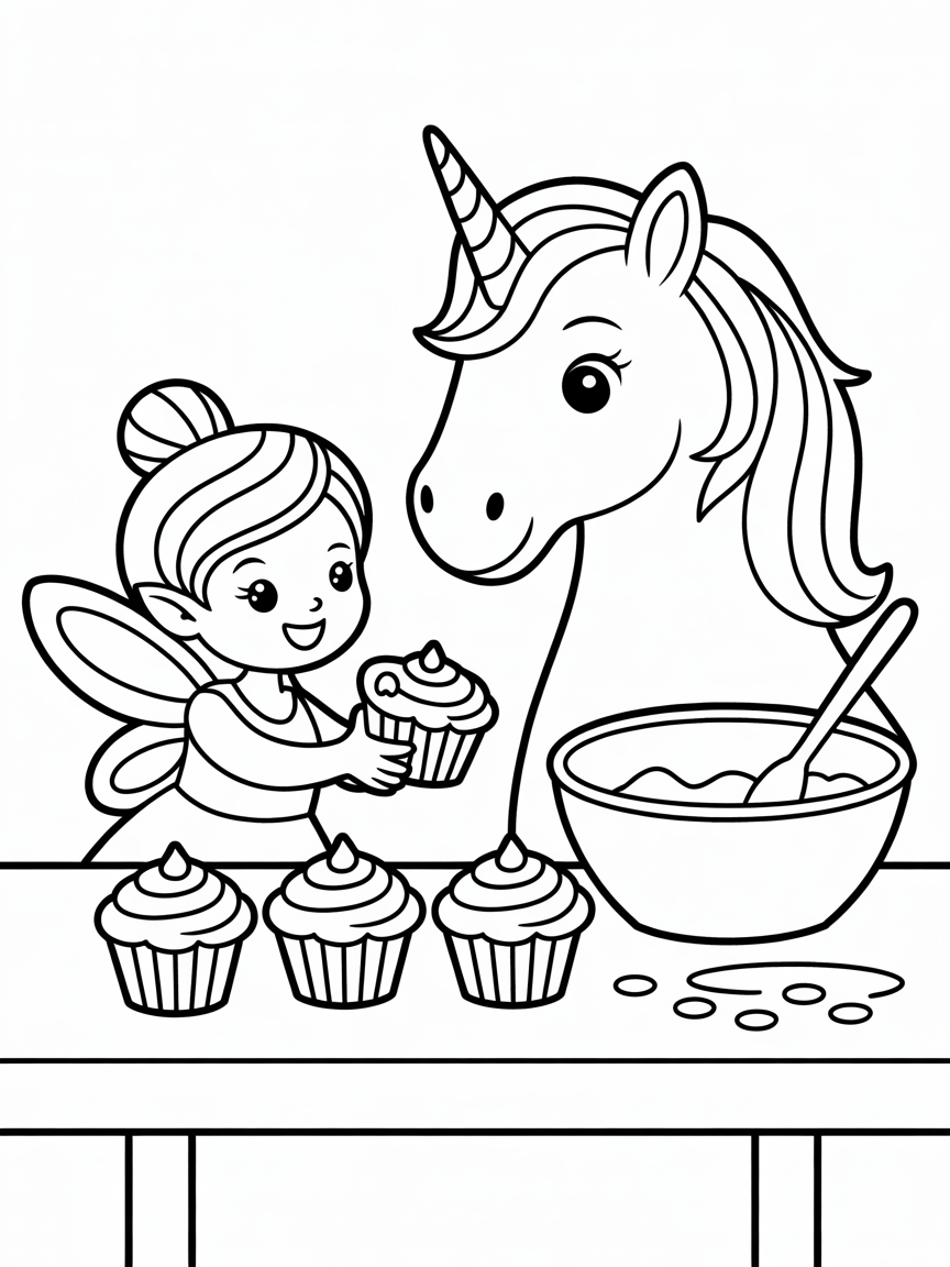 Fairy baking cupcakes with unicorn - Free Coloring Page