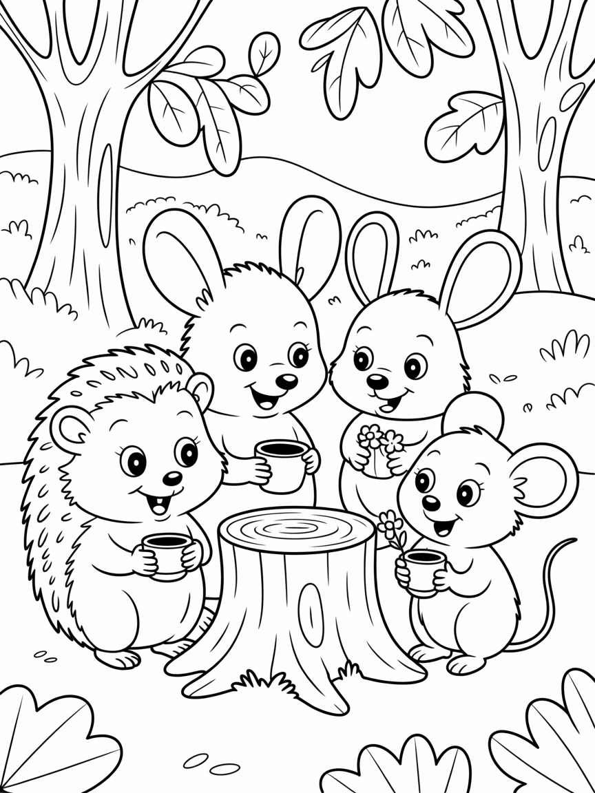 Hedgehog, rabbit, rat and mouse having a meeting in a woodland - Free Coloring Page