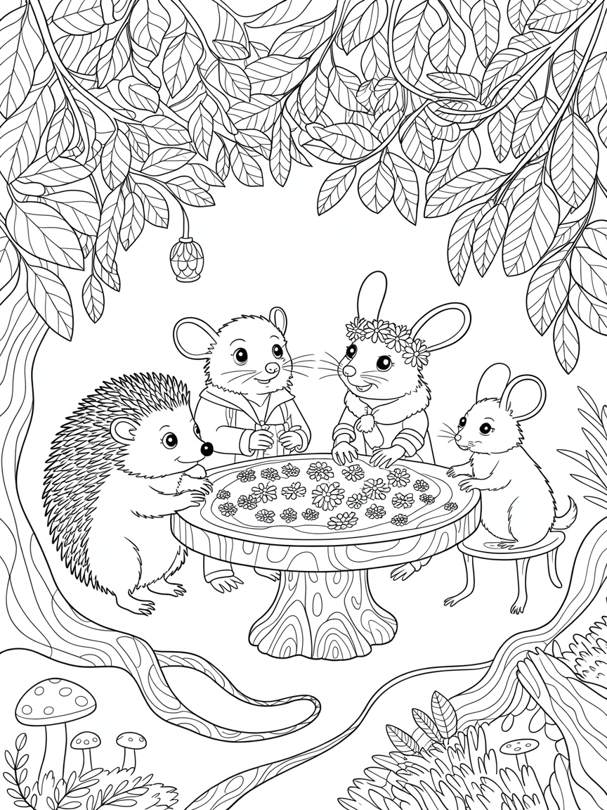Hedgehog, rabbit, rat and mouse having a meeting in a woodland. Make it folklore style - Free Coloring Page