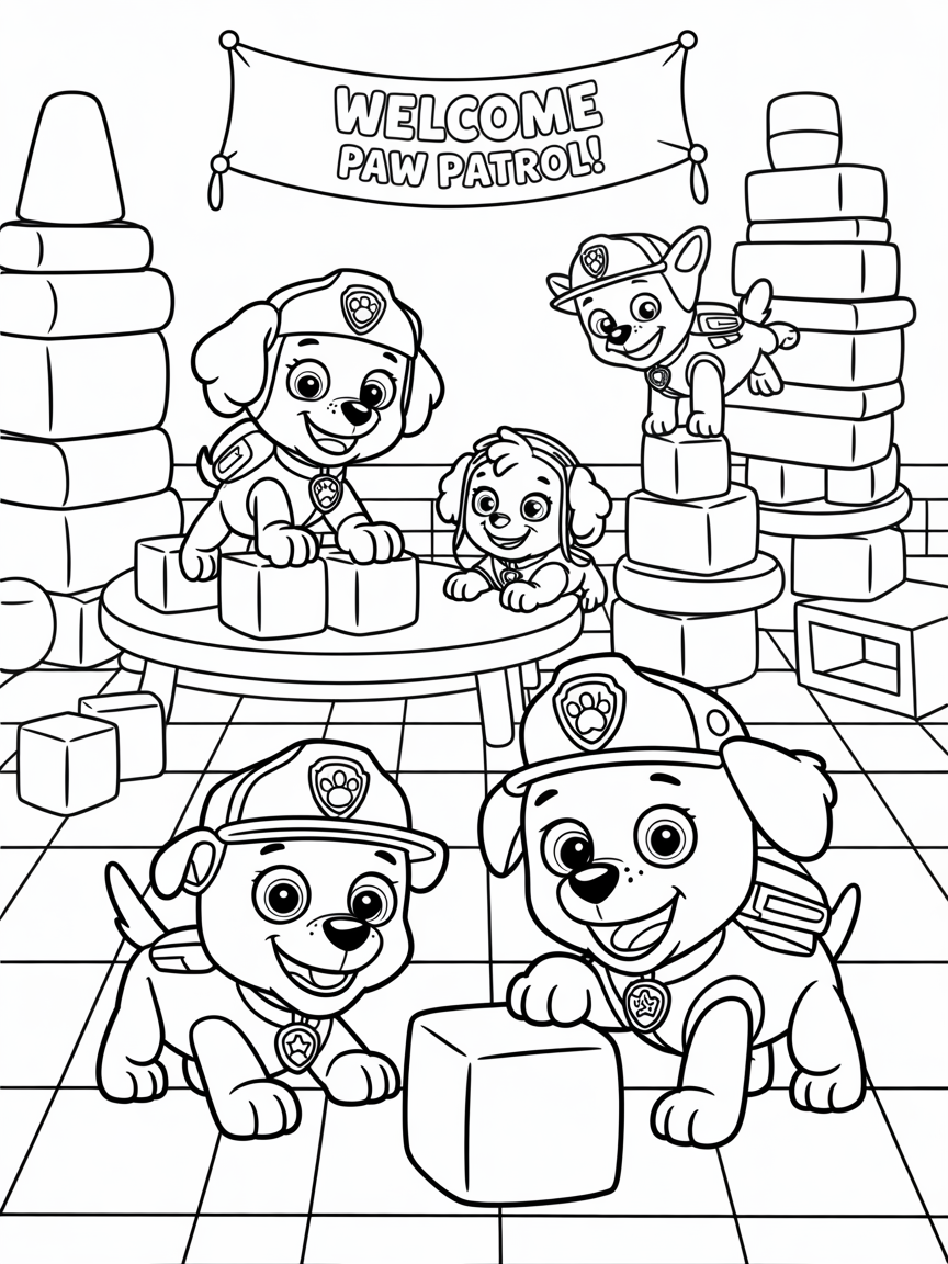 Pawpatrol visiting a preschool - Free Coloring Page