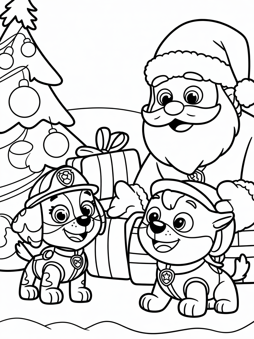 Marshall from pawpatrol meeting tabby mctat and santa - Free Coloring Page