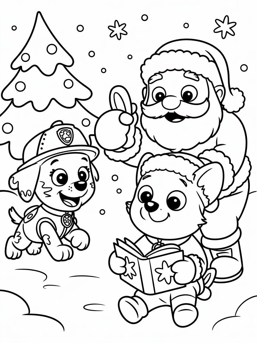 Marshall from pawpatrol meeting tabby mctat (julia Donaldson character) and santa - Free Coloring Page