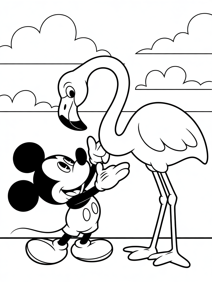 Mickey Mouse and a flamingo - Free Coloring Page