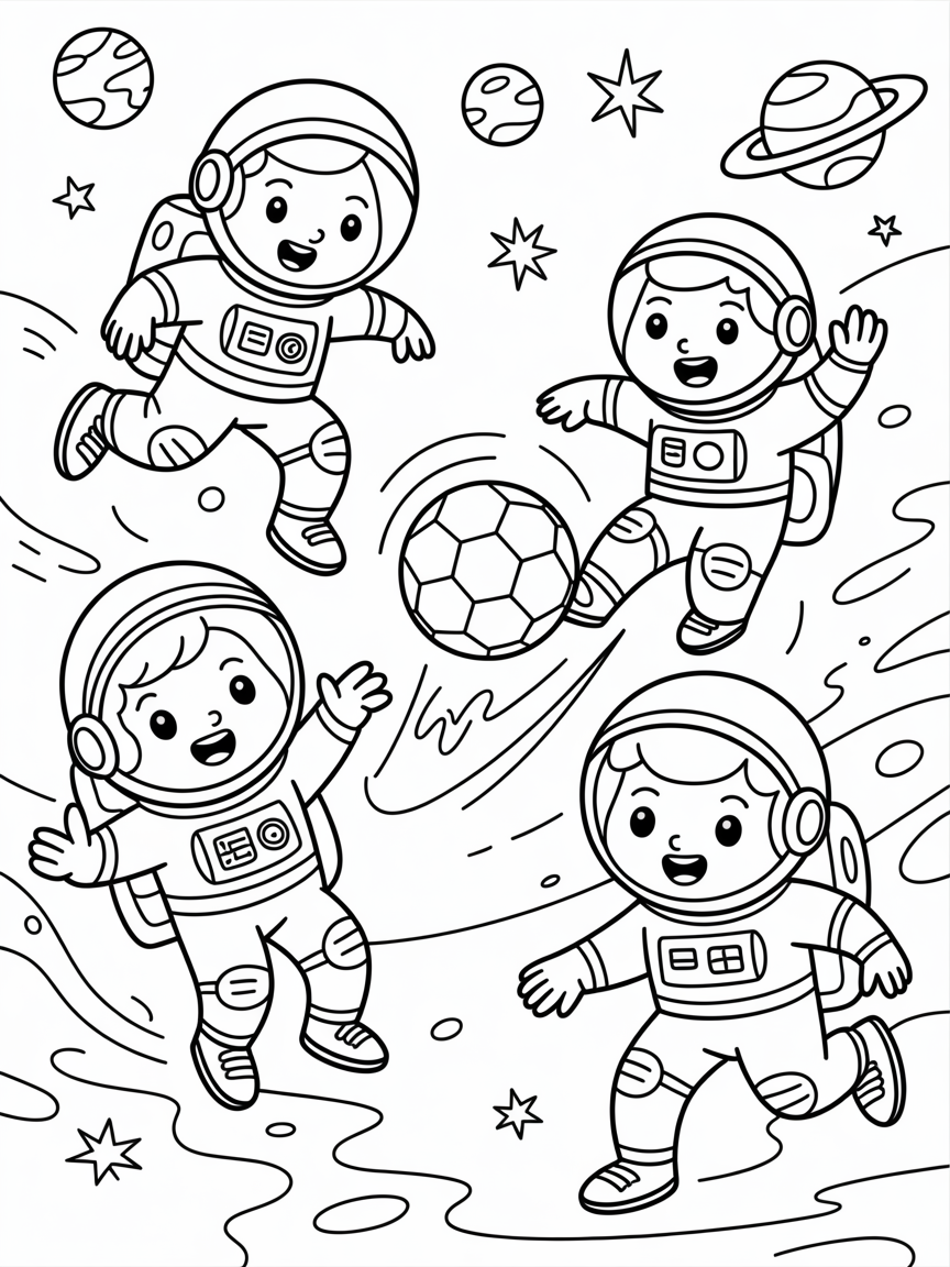 Playing soccer in space - Free Coloring Page
