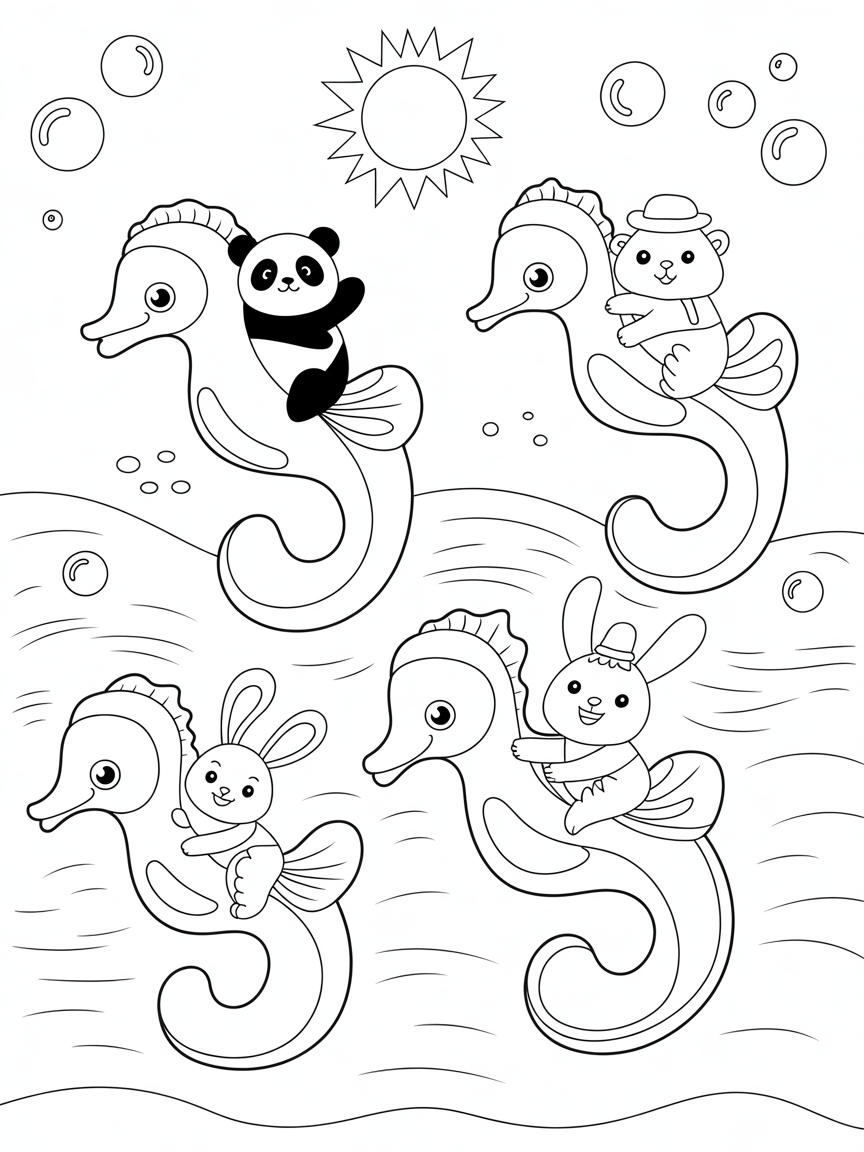 Babies Riding sea horses - Free Coloring Page