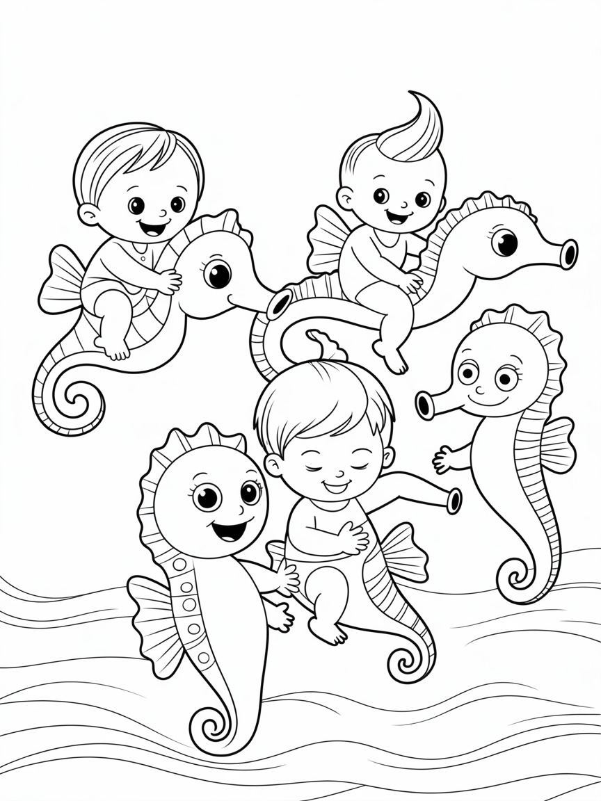 Human Babies Riding sea horses - Free Coloring Page