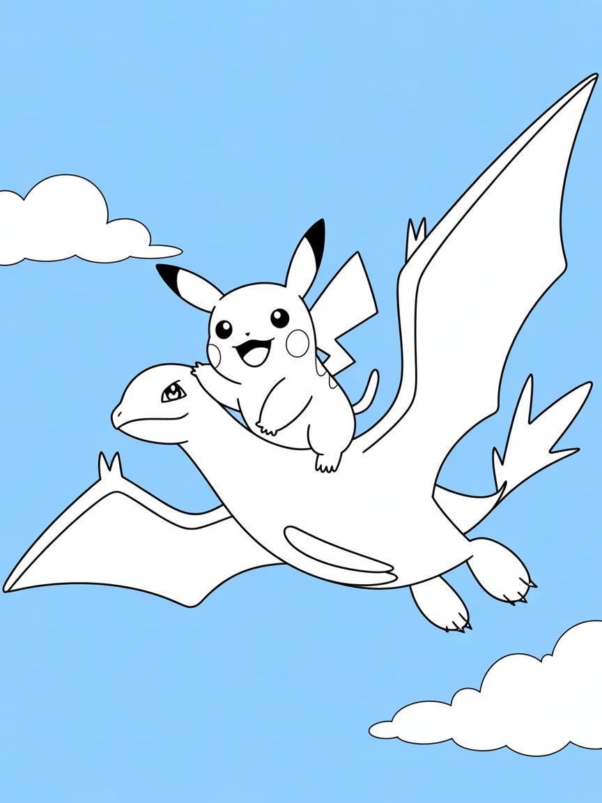 Pikachu rijdt op moltres - Free Coloring Page