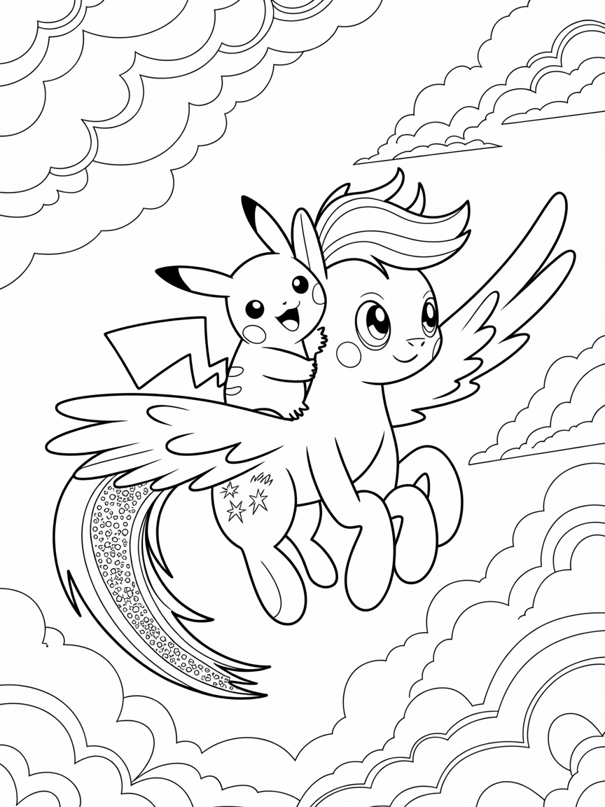 Pikachu rijdt op Rainbow dash - Free Coloring Page