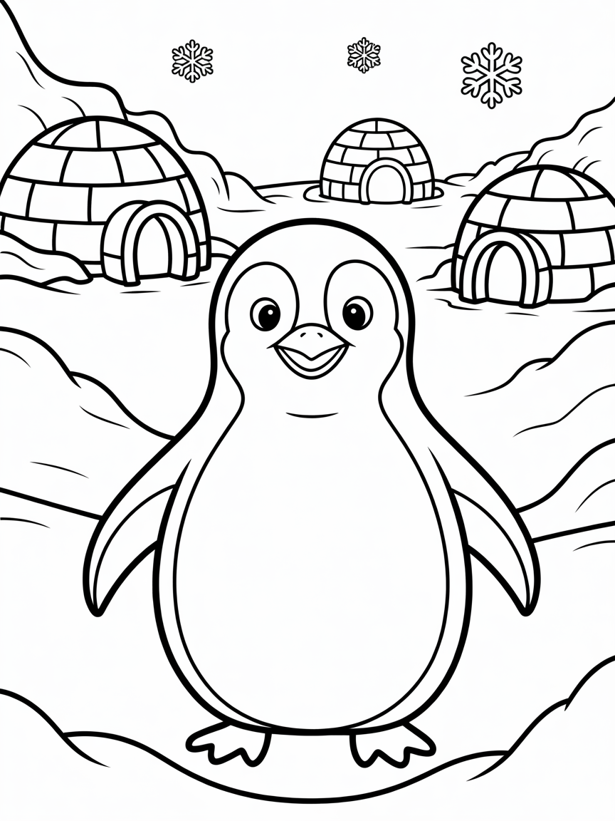 Penguin with iglos in a winter wonderland - Free Coloring Page