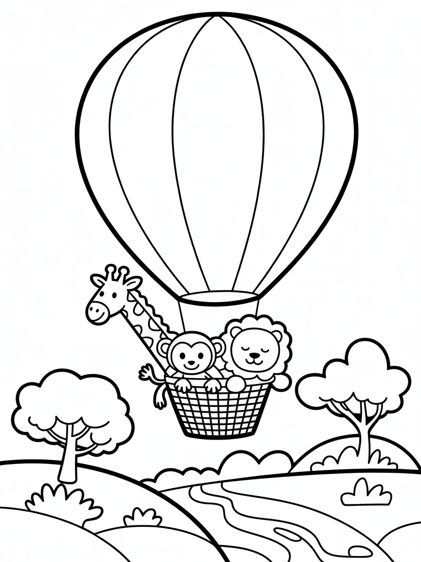 Hot air balloon safari adventure - Free Coloring Page