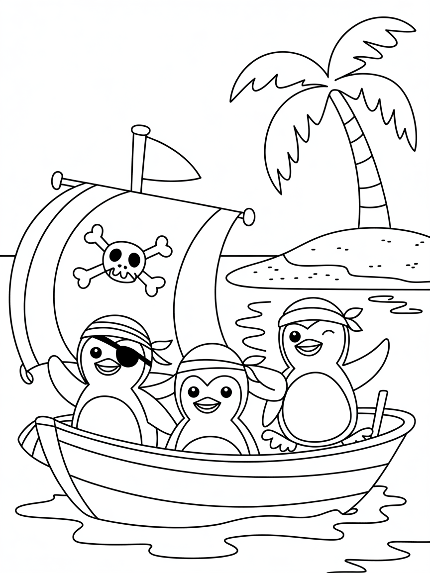 Pirate penguins sailing on a treasure island - Free Coloring Page