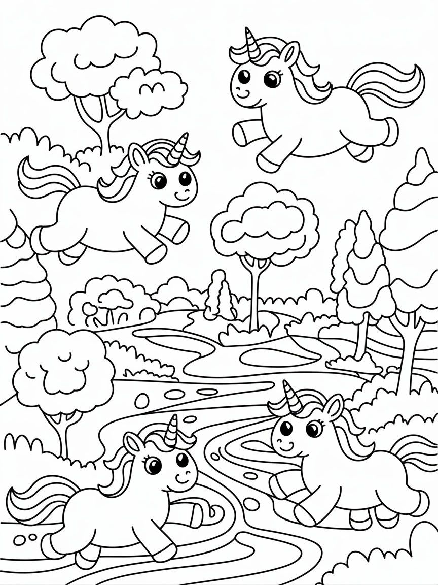 Rainbow unicorns flying over a candy forest - Free Coloring Page