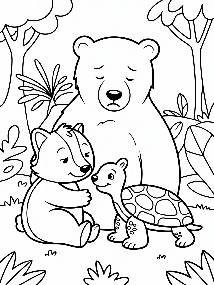 Sad polar bear is comforted by fox and turtle in the jungle, childish style - Free Coloring Page