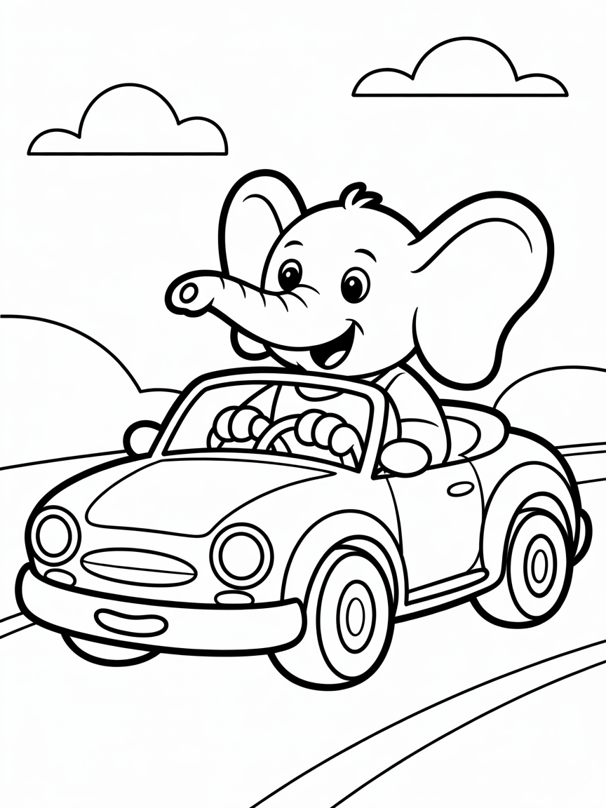 Elephant in a car - Free Coloring Page