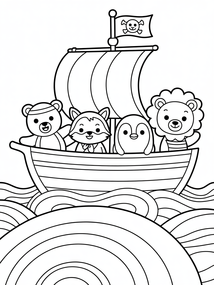Pirate animals sailing a rainbow sea - Free Coloring Page