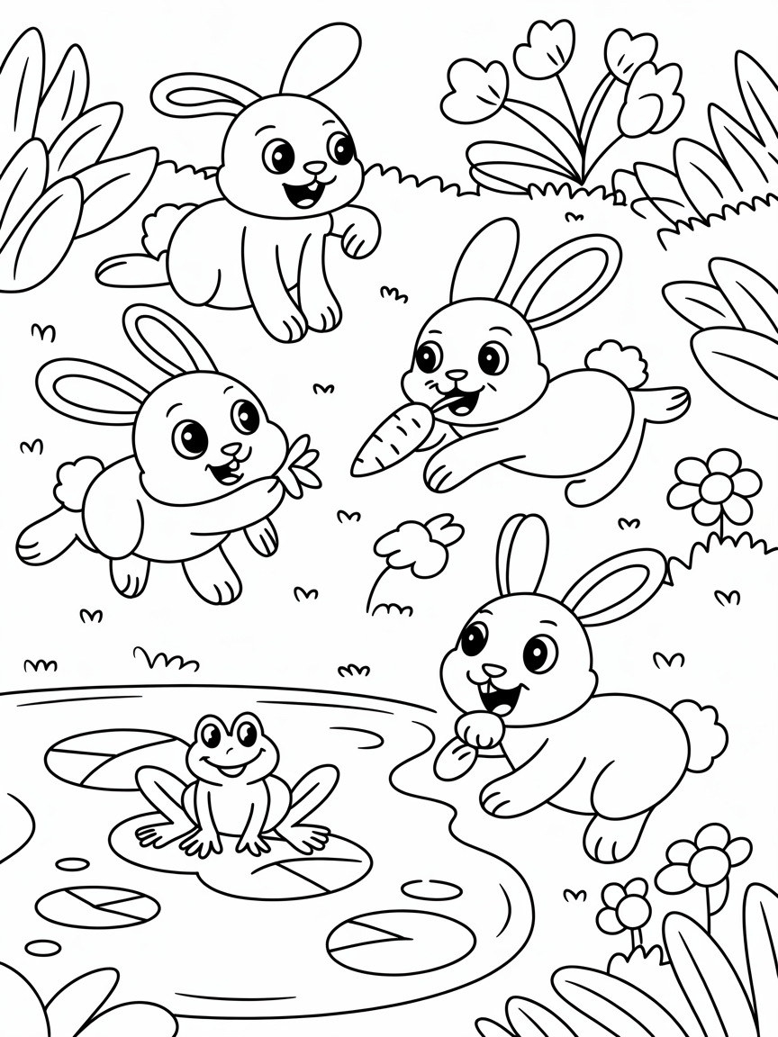 Rabbits in garden with birds and pond and frog - Free Coloring Page