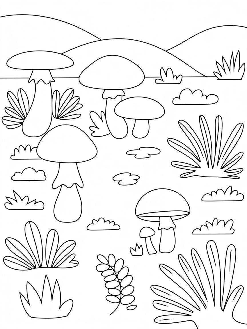 Mystical mushroom forest floor - Free Coloring Page
