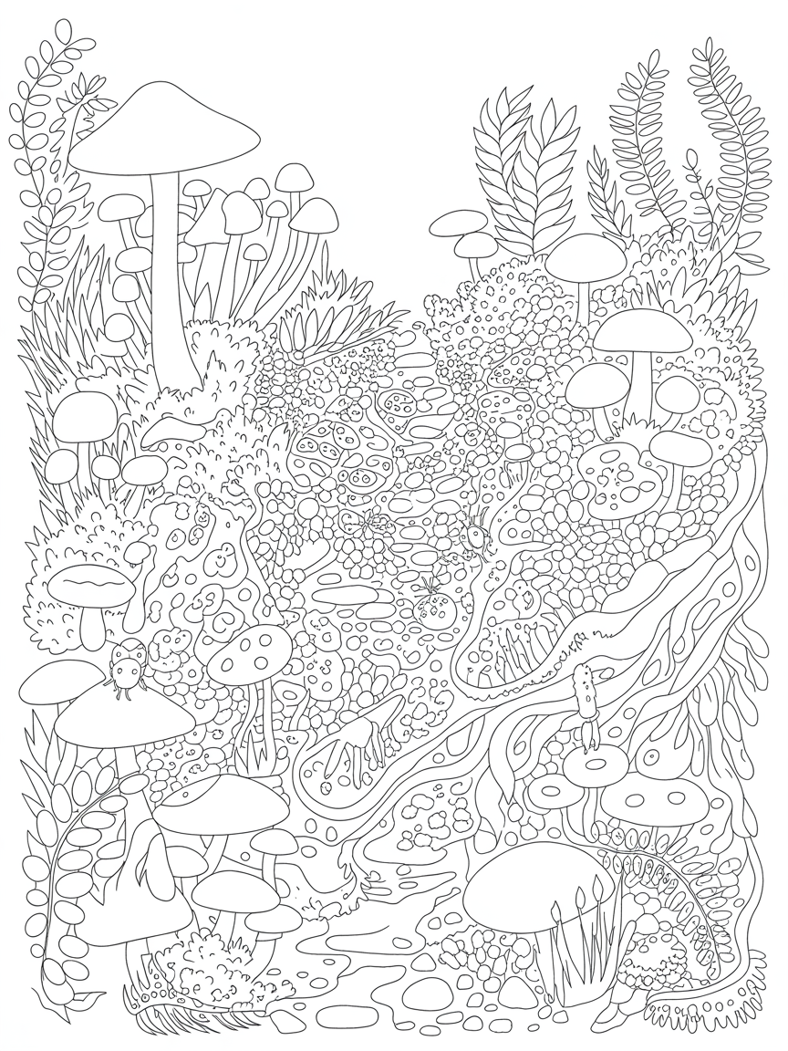 Mystical mushroom forest floor no path, add other little plants moss, insects - Free Coloring Page