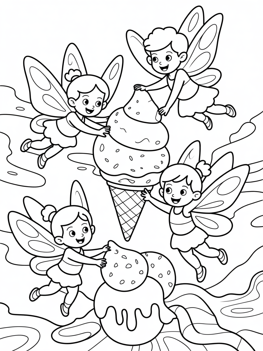 Fairies in an ice cream world - Free Coloring Page