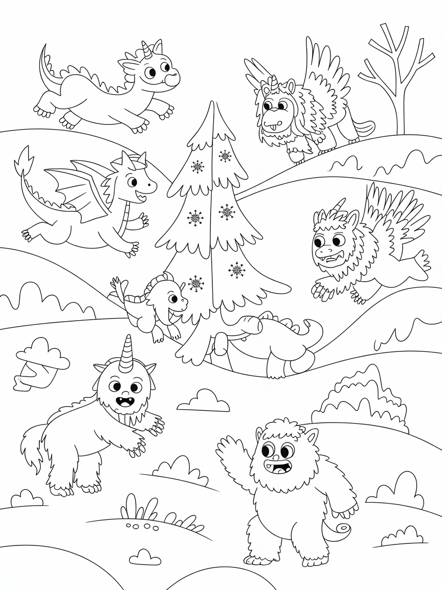 Mythical creatures in winter - Free Coloring Page
