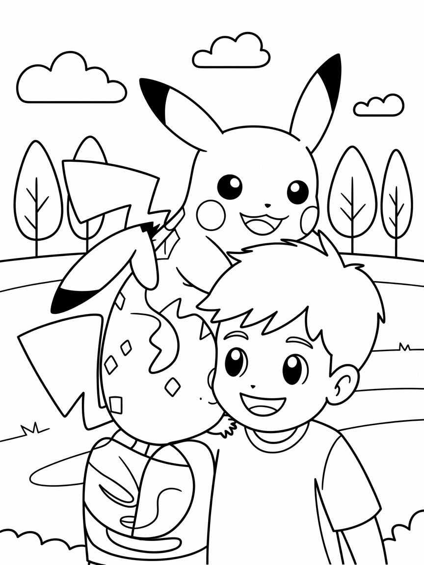 Pikachu and a real boy - Free Coloring Page