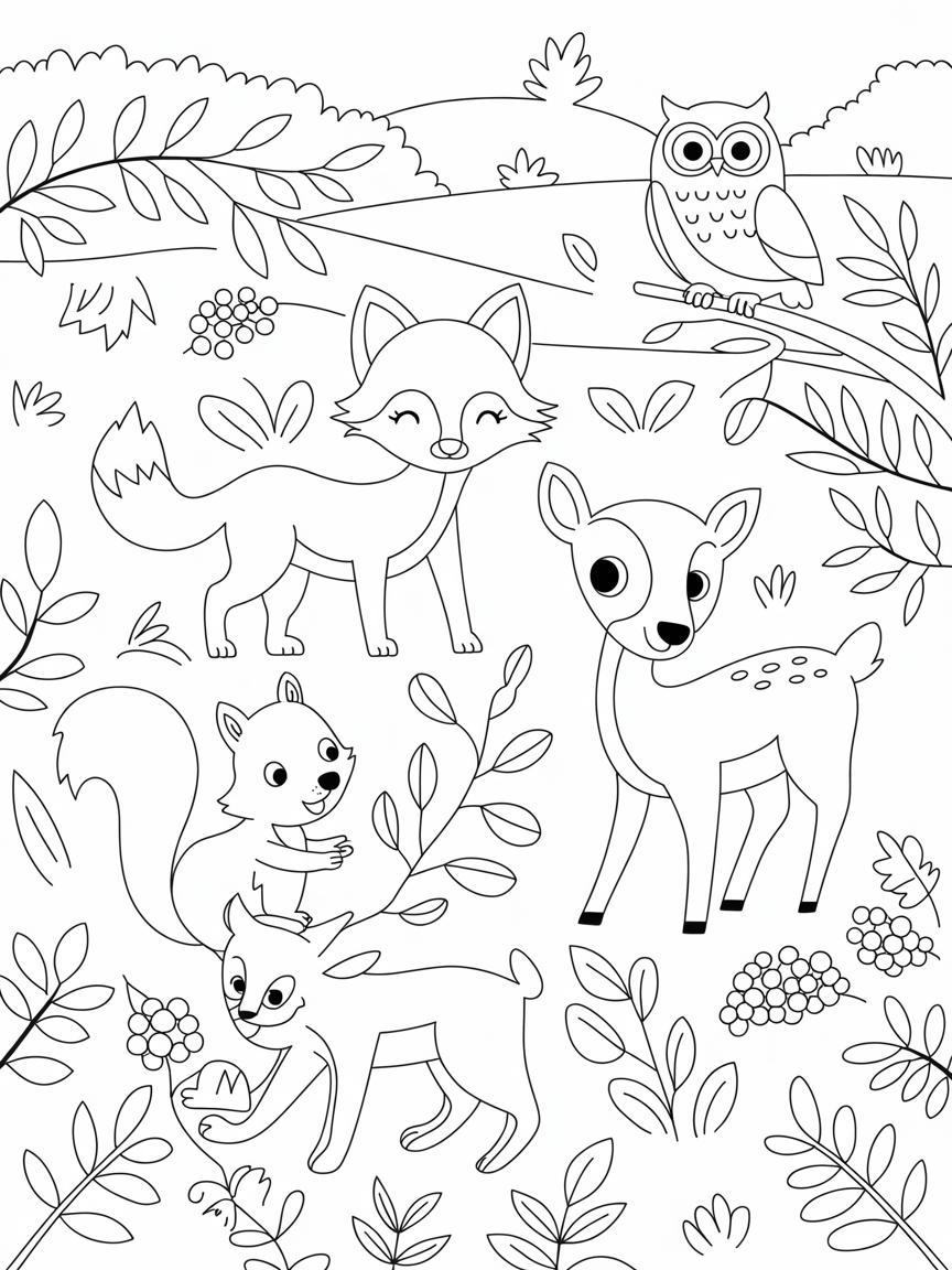 Paesaggio d'autunno con tanti animali del bosco - Free Coloring Page