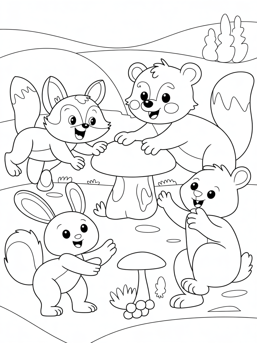 Animali del bosco che giocano insieme - Free Coloring Page
